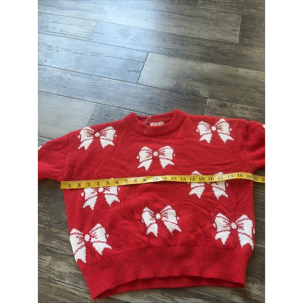 Poof Juniors Women's Long Sleeve Bow Print Sweater Sz Medium Red Cropped Croquet - Picture 3 of 7
